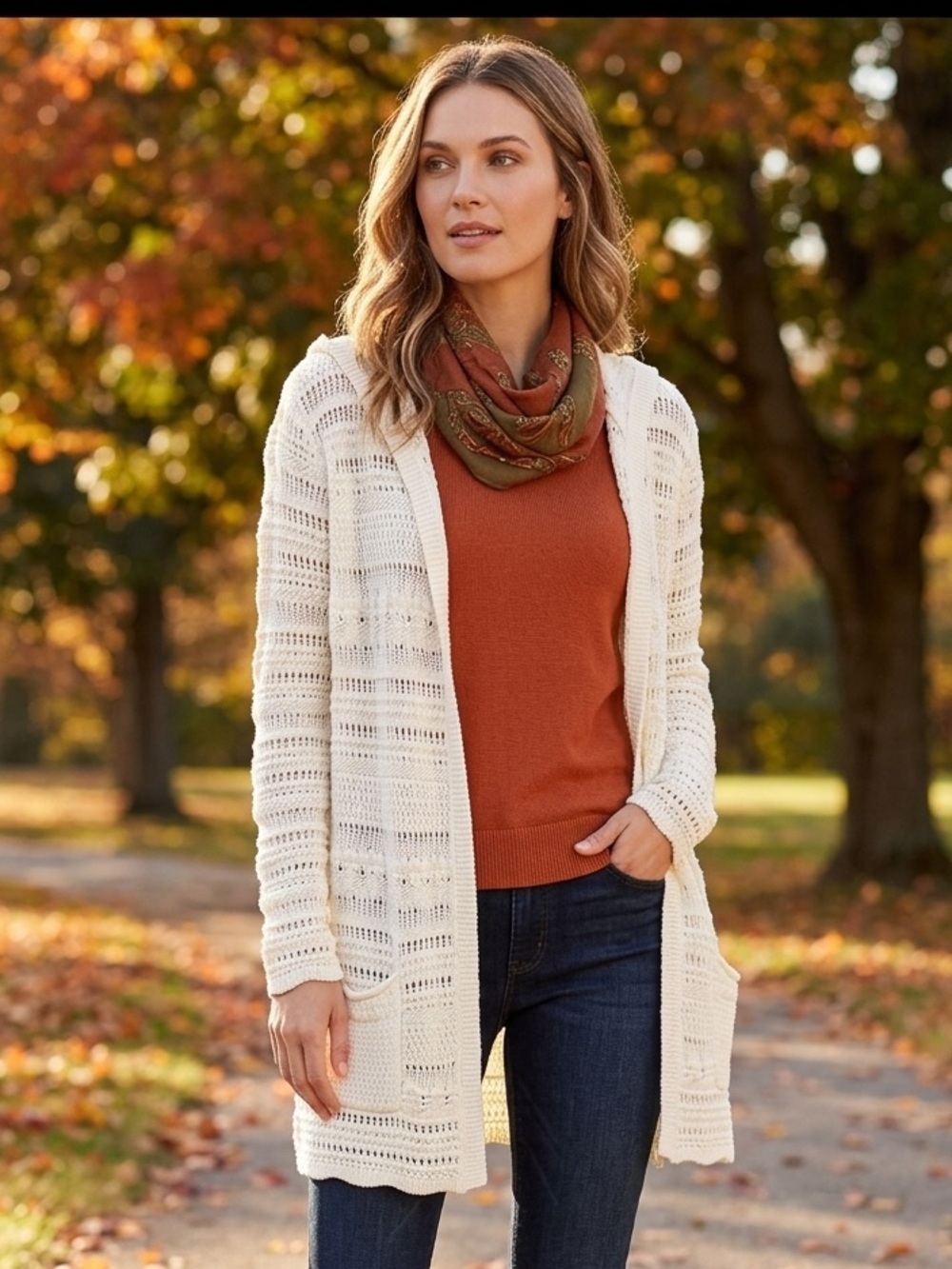 Grace Elements Cream Open-Knit Hooded Cardigan Sweater Size Medium Pockets